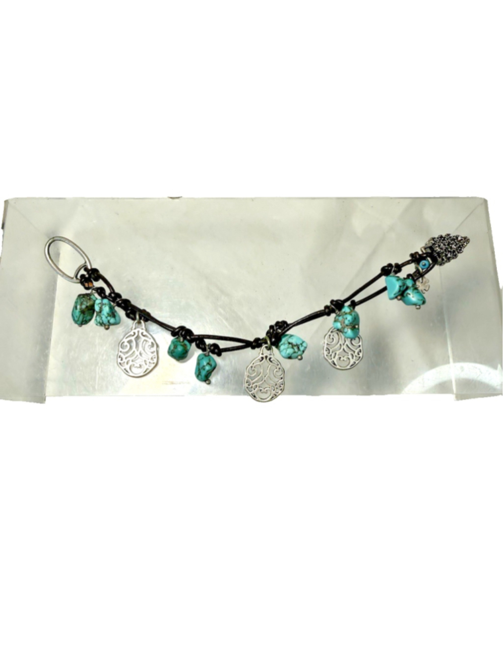 Lucky You Brand Turquoise Nugget Chip Charms Leather Cord Silver Tone Bracelet